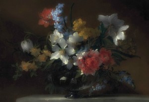 Narcissi, hyacinths, forget-me-nots and other flowers in a glass vase